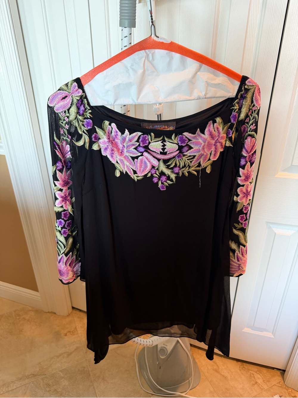 Johnny Was Black Tunic with Pink & Purple Floral Embroidery